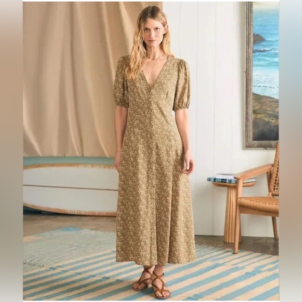 NWT Faherty Havana Button Down Maxi Dress Sz M Linen Butternut Ditsy Floral $198